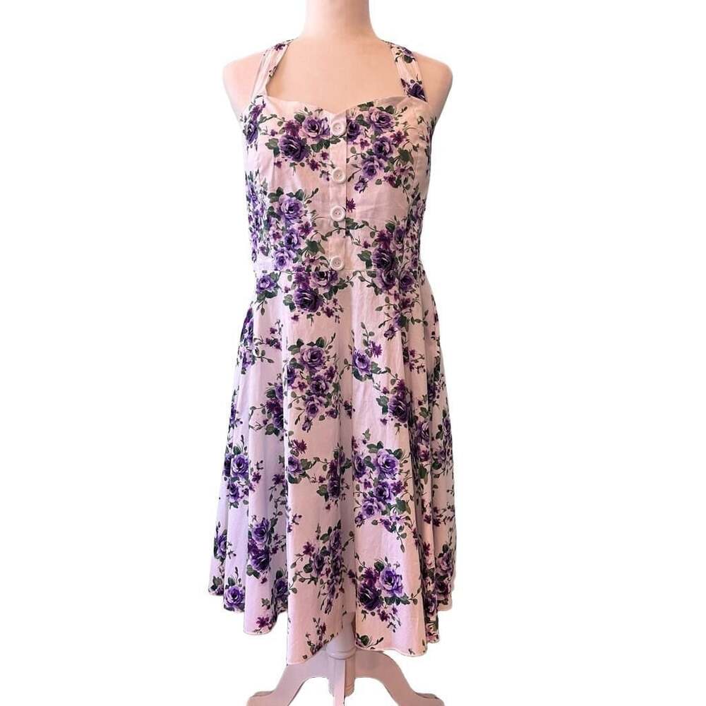 Vintage Purple Floral Halter A-Line Midi Dress with Buttons and Smocked Back XL